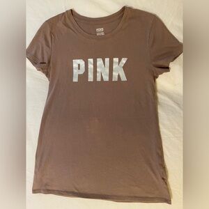 PINK Victoria's Secret Taupe/Iced Coffee brown Tee with SilverLogo
